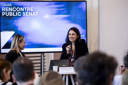 Rencontre Public Senat lors du Festival FIPADOC ( festival international de documentaires ) de Biarritz le 25 janvier 2024 à l'espace Bellevue. Intervention et présentation de Emmanuelle Guilcher Directrice de l'antenne et des programmes de la chaine Public Sénat AG et Elise Aicardi chargée de programmes documentaires AD (photo).

Public Senat meeting during the FIPADOC Festival (international documentary festival) in Biarritz on January 25, 2024 at the Bellevue space. Intervention and presentation by Emmanuelle Guilcher Director of the antenna and programs of the Public Sénat AG channel and Elise Aicardi in charge of AD documentary programs (photo).

Biarritz, Pays basque, Nouvelle-Aquitaine, New-Aquitaine, Pyrénées-Atlantiques, Pays Basque, Europe, France.