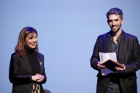 Remise du prix Grand Prix du Documentaire National à 
UN PASTEUR (A SHEPHERD) Louis Hanquet (photo) par  la Maire de la ville de Biarritz, Maîder Arosteguy, lors du Festival du FIPADOC (Festival International Documentaire) soirée de clôture et remise des prix le vendredi 26 janvier 2024.

Presentation of the Grand Prix du Documentaire National to
A PASTOR (A SHEPHERD) Louis Hanquet (photo) by the Mayor of the city of Biarritz, Maîder Arosteguy, during the FIPADOC Festival (International Documentary Festival) closing evening and awards ceremony on Friday January 26, 2024.

Biarritz, Pays basque, Nouvelle-Aquitaine, New-Aquitaine, Pyrénées-Atlantiques, Pays Basque, Europe, France.