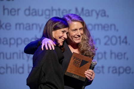 Remise du prix PFDM-PRIX POUR LES FEMMES DANS LES MÉDIAS pour NOS ENFANTS BANNIS à Pascale Bourgaux (Belgique, France, Suisse) par Christine Camdessus Déléguée générale du festival. Le PRIX PFDM récompense la meilleure réalisatrice française de documentaire dans les compétitions nationale, internationale, musicale, IMPACT, Histoires d'Europe et Panorama de la création francophone. Il est doté de 1.000€ par l’Association pour les femmes dans les médias.  (Festival International Documentaire) soirée de clôture et remise des prix le vendredi 26 janvier 2024.

Presentation of the PFDM-AWARD FOR WOMEN IN THE MEDIA for OUR BANNED CHILDREN to Pascale Bourgaux (Belgium, France, Switzerland) by Christine Camdessus General Delegate of the festival. The PFDM PRIZE rewards the best French documentary director in the national, international, musical, IMPACT, Histoires d'Europe and Panorama of French-speaking creation competitions. It is endowed with €1,000 by the Association for Women in the Media. (International Documentary Festival) closing evening and awards ceremony on Friday January 26, 2024.

Biarritz, Pays basque, Nouvelle-Aquitaine, New-Aquitaine, Pyrénées-Atlantiques, Pays Basque, Europe, France.