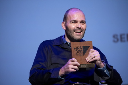 Remise du prix coup de coeur dans les murs à 
INVINCIBLE ÉTÉ (INVICIBLE SUMMER) de Stéphanie Pillonca (France, Japon) qui raconte l'histoire de Olivier Goy (photo) qui reçoit ce prix. En décembre 2020 son médecin lui apprend qu'il est atteint de la maladie de Charcot. Attribué par un jury composé de détenus de la maison d’arrêt de Bayonne, le PRIX COUP DE CŒUR DANS LES MURS récompense un film dans la sélection Panorama de la création francophone. C'est un dispositif mis en place en 2023 par le FIPADOC. (Festival International Documentaire) soirée de clôture et remise des prix le vendredi 26 janvier 2024.

Presentation of the favorite prize in the walls at
INVINCIBLE SUMMER by Stéphanie Pillonca (France, Japan) which tells the story of Olivier Goy (photo) who receives this prize. In December 2020 his doctor told him that he had Charcot disease. Awarded by a jury made up of inmates from the Bayonne remand prison, the COUP DE CŒURDans LES MURS PRIZE rewards a film in the Panorama selection of French-speaking creation. This is a system put in place in 2023 by FIPADOC. (International Documentary Festival) closing evening and awards ceremony on Friday January 26, 2024.

Biarritz, Pays basque, Nouvelle-Aquitaine, New-Aquitaine, Pyrénées-Atlantiques, Pays Basque, Europe, France.